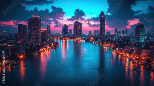 Wallpaper Mural iconic city buildings with evening lights reflecting in the river, vibrant and modern city life Torontodigital.ca