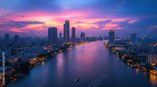 Wallpaper Mural iconic city buildings with evening lights reflecting in the river, vibrant and modern city life Torontodigital.ca
