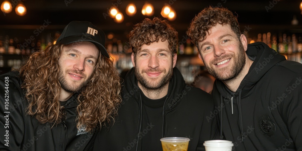 Three friends enjoying drinks at a bar, smiling and relaxed atmosphere. Three friends enjoying drinks at a bar, smiling and relaxed atmosphere.