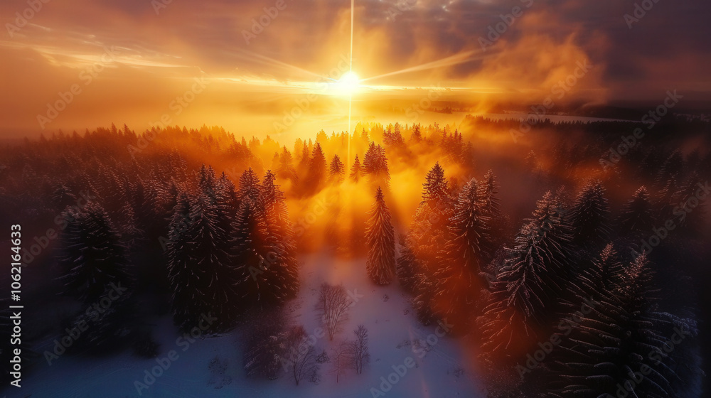 breathtaking sunrise illuminates snow covered pine tree forest, casting golden rays through mist. serene atmosphere evokes sense of tranquility and wonder breathtaking sunrise illuminates snow covered pine tree forest, casting golden rays through mist. serene atmosphere evokes sense of tranquility and wonder