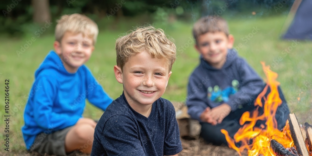 Three kids enjoying a campfire in a forest during a summer camping trip. Three kids enjoying a campfire in a forest during a summer camping trip.