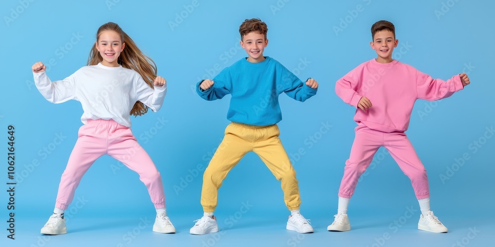 Naklejka premium Three kids dancing joyfully against a bright blue background.