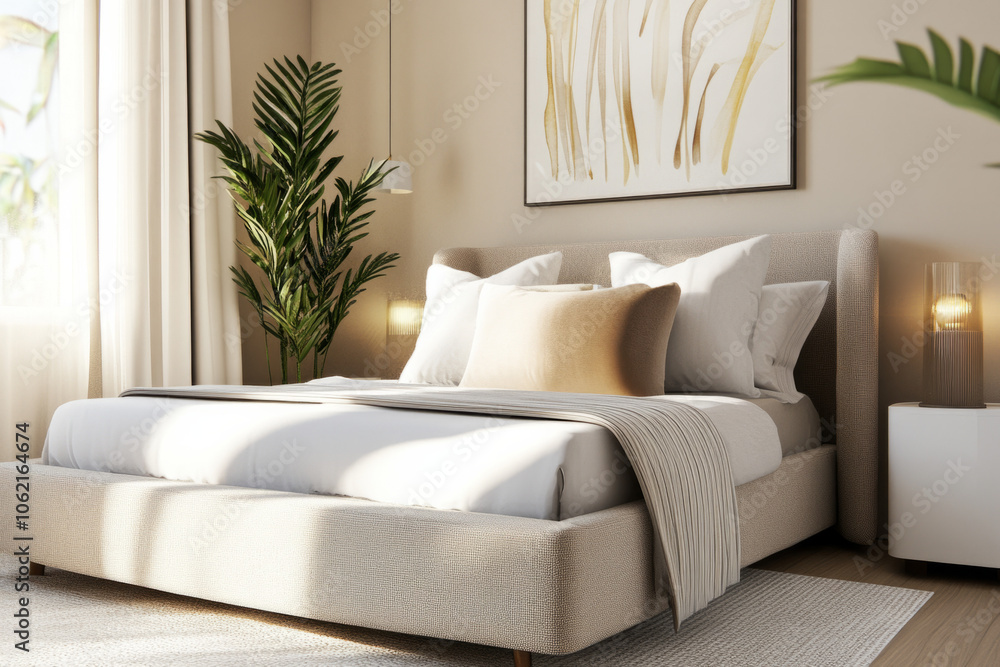 Bright modern bedroom with cozy decor and plants, filled with natural light Bright modern bedroom with cozy decor and plants, filled with natural light