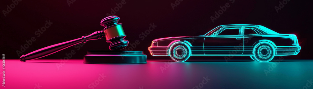 Abstract car and judges gavel hologram representing law and justice Abstract car and judges gavel hologram representing law and justice