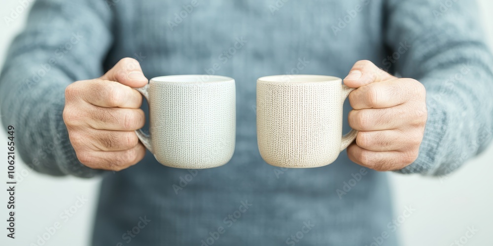 Two hands holding stylish ceramic coffee mugs, cozy sweater background Two hands holding stylish ceramic coffee mugs, cozy sweater background