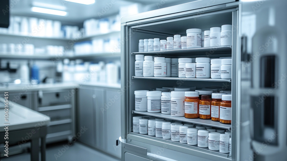 medical storage cabinet with neatly organized medications, attention to health and treatment safety medical storage cabinet with neatly organized medications, attention to health and treatment safety