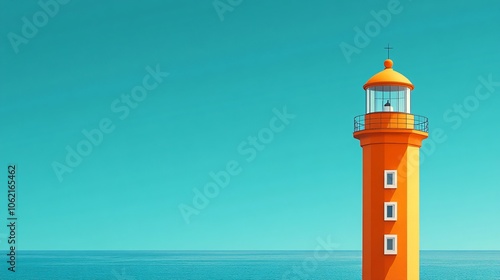 An orange lighthouse, minimalist style, bright blue sky