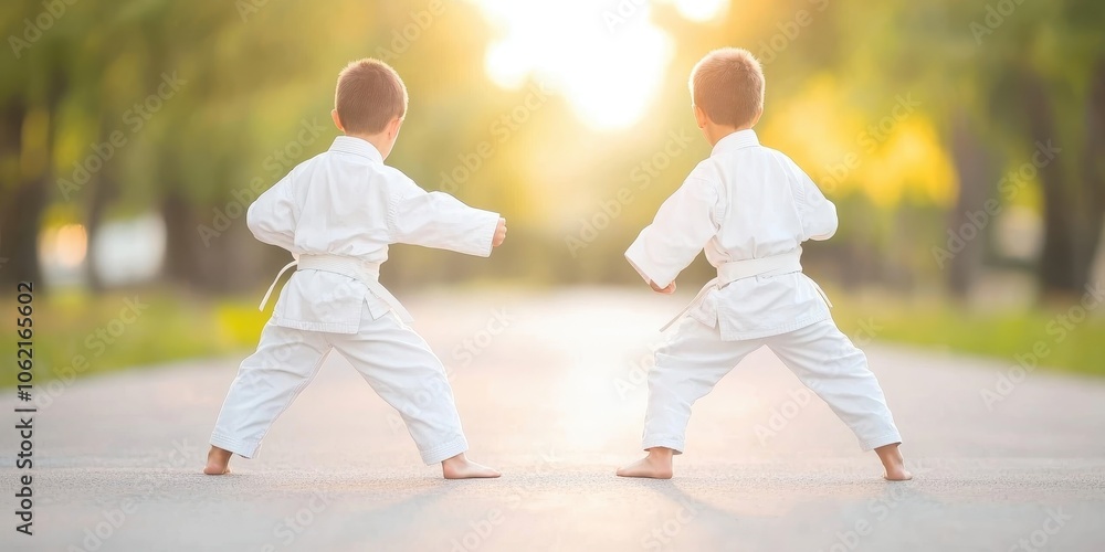 Two kids practicing martial arts in a sunlit park, dynamic pose, vibrant atmosphere. Two kids practicing martial arts in a sunlit park, dynamic pose, vibrant atmosphere.