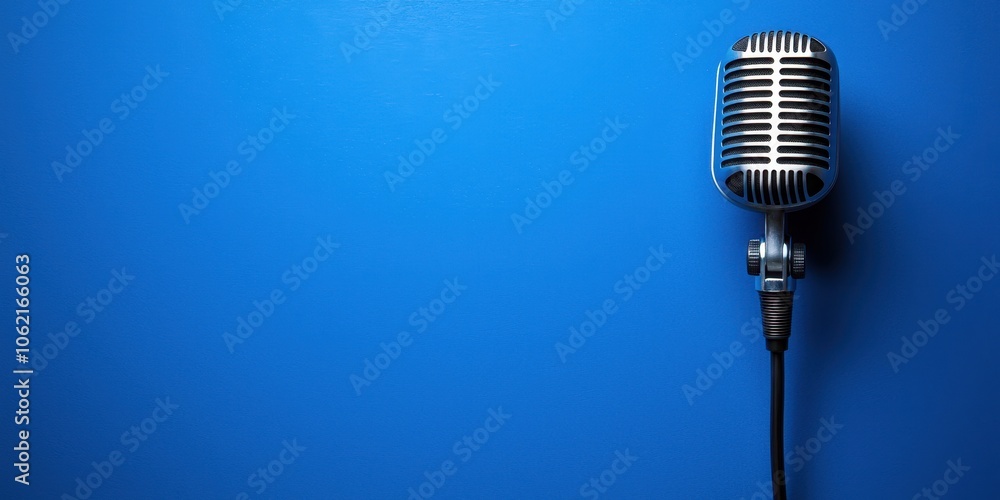 Fototapeta premium Vintage microphone on blue background, perfect for musical or podcast themes.