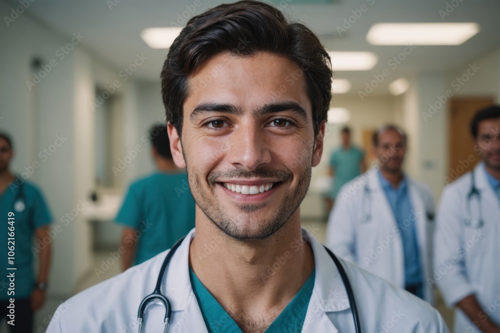 Close portrait of a smiling young Chilean man doctor looking at the camera, Chilean hospital blurred background Close portrait of a smiling young Chilean man doctor looking at the camera, Chilean hospital blurred background