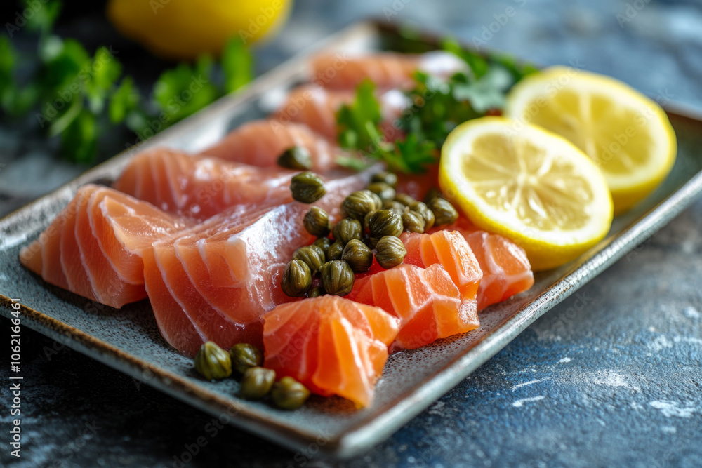 Fresh salmon sashimi with lemon slices and capers on a blue slate plate Fresh salmon sashimi with lemon slices and capers on a blue slate plate