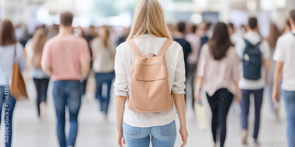 Naklejka premium Woman walking in a crowd with a backpack, blurred background, lifestyle scene.