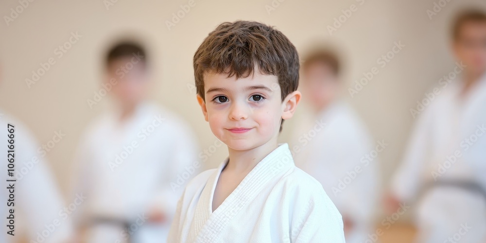 Young boy in karate uniform, smiling in training dojo with blurred classmates. Young boy in karate uniform, smiling in training dojo with blurred classmates.