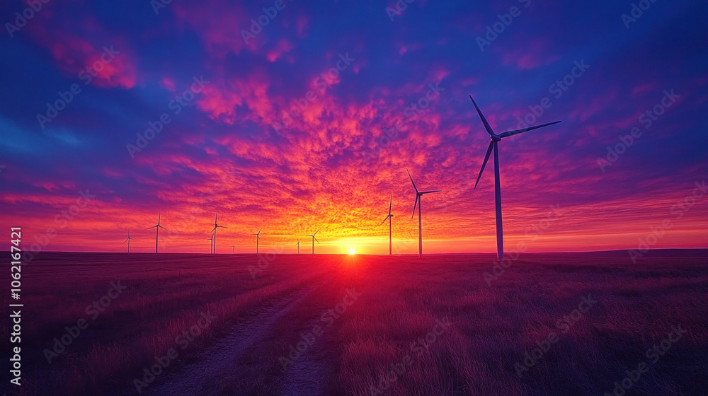 wind farm at sunset with turbines silhouetted against a colorful sky, peaceful and powerful renewable energy source wind farm at sunset with turbines silhouetted against a colorful sky, peaceful and powerful renewable energy source