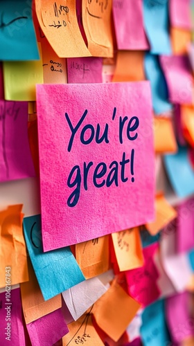 A vibrant pink note declares 'You're great!', set among a montage of multicolored sticky notes to create a mood of positivity and motivation. photo