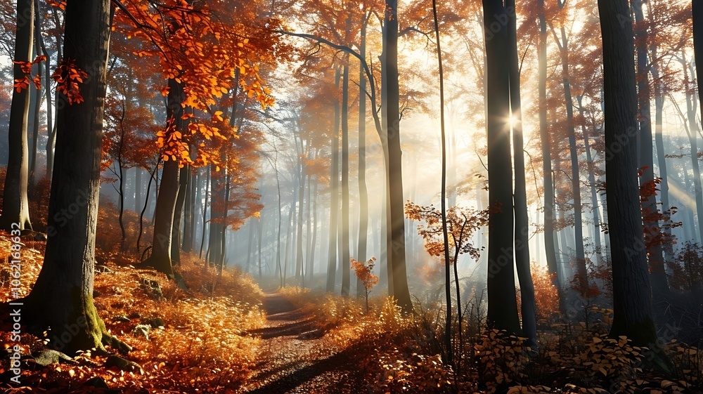 Fototapeta premium Sunlit Forest with Lush Greenery and Majestic Trees Illuminated 