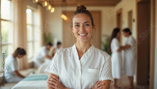 A smiling woman in a spa uniform embodies professionalism and warmth, showcasing teamwork and serenity.

