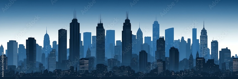 Fototapeta premium cityscape silhouette north american themed banner with blue backdrop. light blinds background