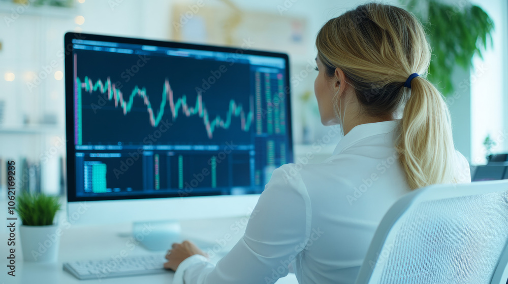 A businesswoman analyzes stock market trends on her computer in an office A businesswoman analyzes stock market trends on her computer in an office
