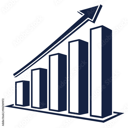 A graphical representation of a bar chart. The chart has vertical bars, with the tallest bar on the right, indicating an upward trend. An arrow points upwards from the top of the chart