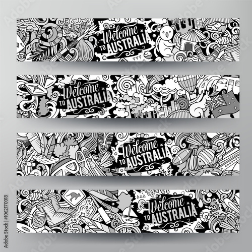 Cartoon vector doodle set of Australia banners templates