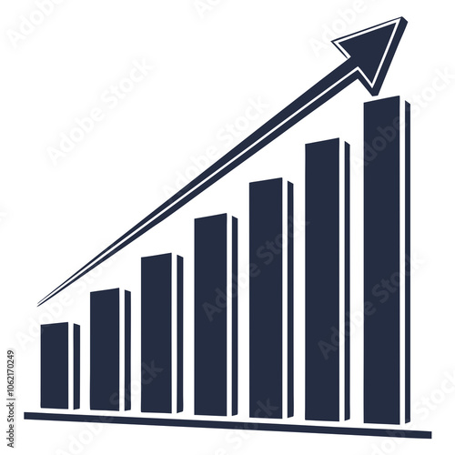A graphical representation of a bar chart. The chart has vertical bars, with the tallest bar on the right, indicating an upward trend. An arrow points upwards from the top of the chart