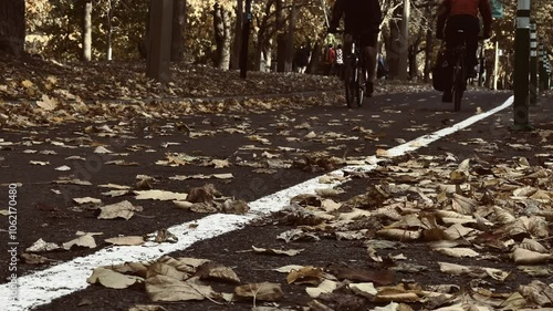 4K Bikers Passing on Leaf-Covered Path in Parc La Fontaine, Montreal