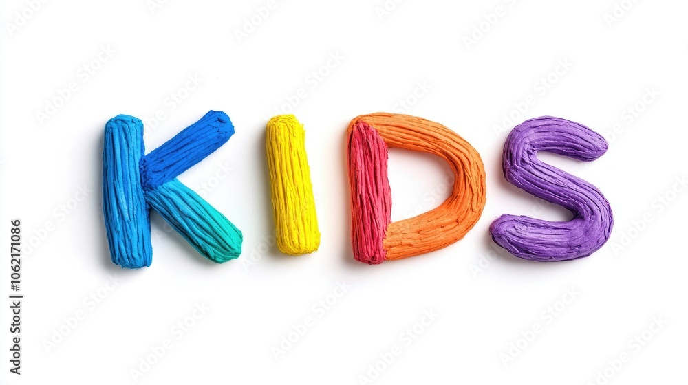 Naklejka premium Brightly colored letters spelling kids crafted from vibrant plasticine on a clean white background showcasing playful creativity