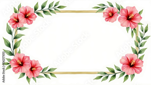 Elegant Watercolor Frame Surrounded by Hibiscus Blossoms and Verdant Green Leaves