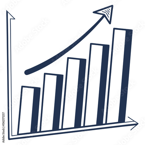 A graphical representation of a bar chart. The chart has vertical bars, with the tallest bar on the right, indicating an upward trend. An arrow points upwards from the top of the chart