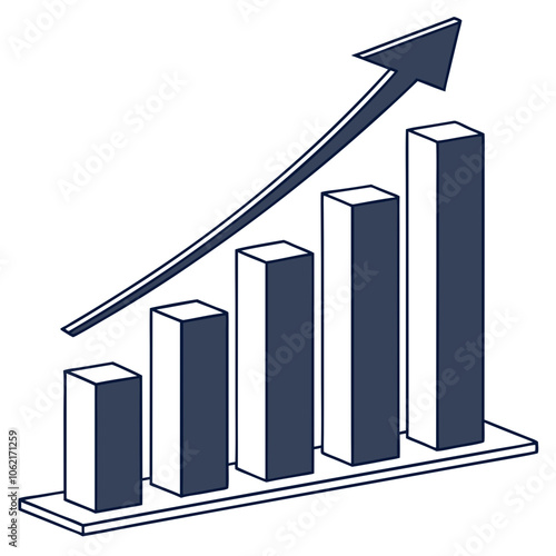 A graphical representation of a bar chart. The chart has vertical bars, with the tallest bar on the right, indicating an upward trend. An arrow points upwards from the top of the chart