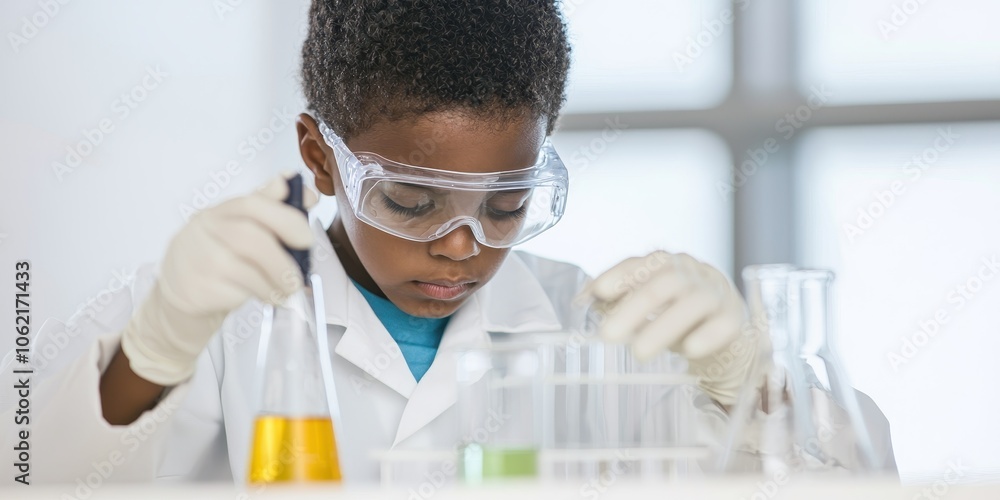 Child conducting an experiment in a lab with test tubes and safety gear. Child conducting an experiment in a lab with test tubes and safety gear.