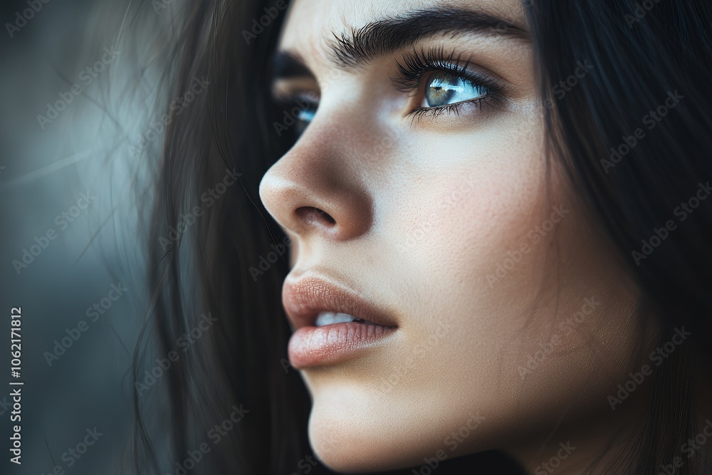 Fototapeta premium A side profile of a woman with long hair, capturing her serene expression and natural beauty