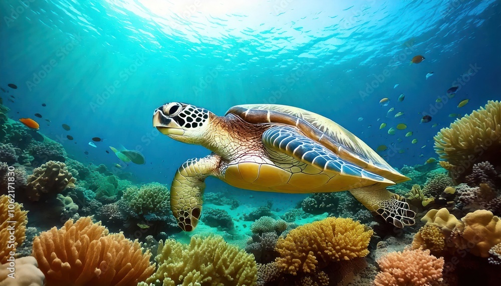 A mesmerizing underwater scene featuring a vibrant sea turtle swimming among colorful coral and lively fish. A mesmerizing underwater scene featuring a vibrant sea turtle swimming among colorful coral and lively fish.