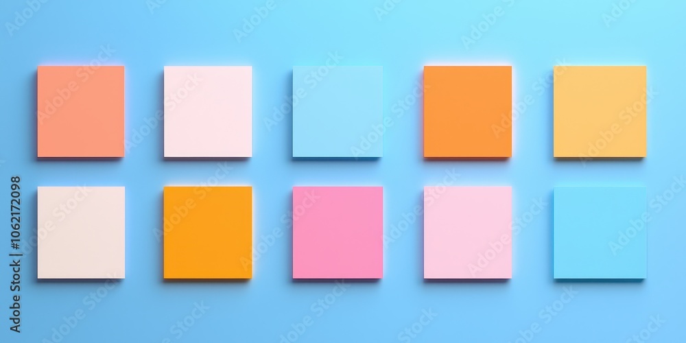 Colorful square shapes arranged on a blue background, perfect for design projects. Colorful square shapes arranged on a blue background, perfect for design projects.