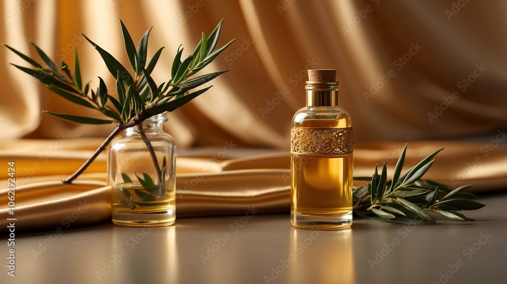 aesthetic bottle of essential oil on a gold silk background. Tea Tree on the side. aesthetic bottle of essential oil on a gold silk background. Tea Tree on the side.