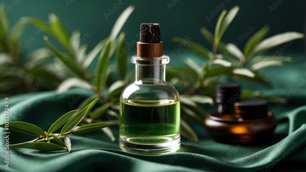 aesthetic bottle of essential oil on a green silk background. Tea Tree on the side. aesthetic bottle of essential oil on a green silk background. Tea Tree on the side.