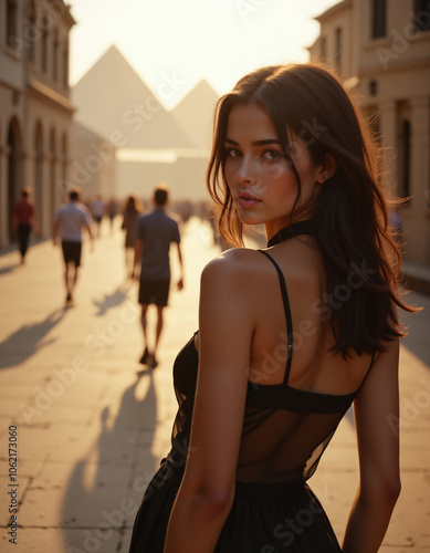 a woman in sexy lingerie in the desert in front of pyramids - generative ai