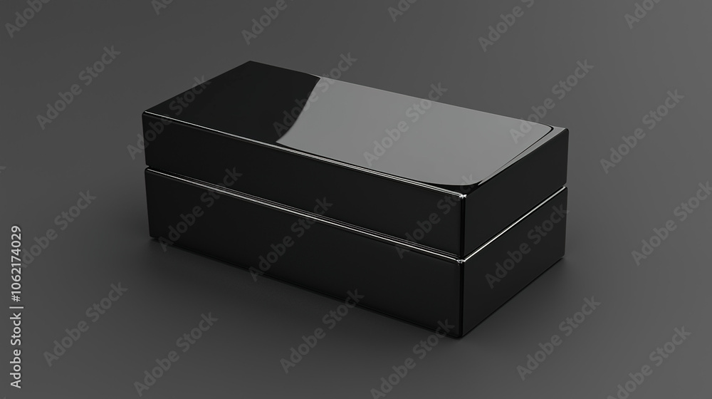 Naklejka premium Sleek black rectangular box with a glossy finish on a neutral gray background, showcasing modern design and elegance.