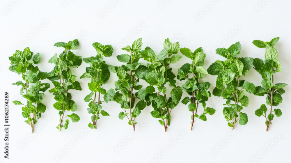 Fresh mint leaves arranged neatly on a white background for culinary use Fresh mint leaves arranged neatly on a white background for culinary use