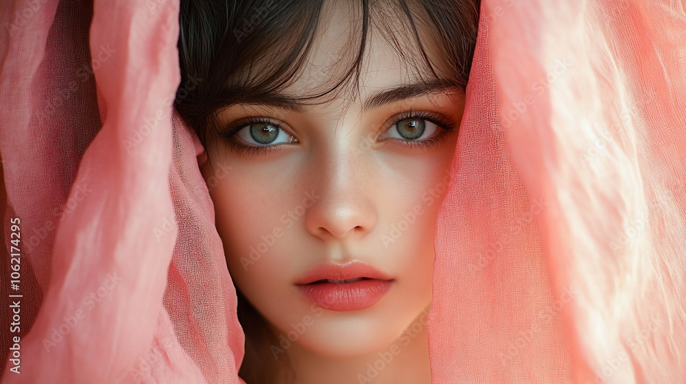 Close-up portrait of a young woman with pink fabric draped over her head. Close-up portrait of a young woman with pink fabric draped over her head.