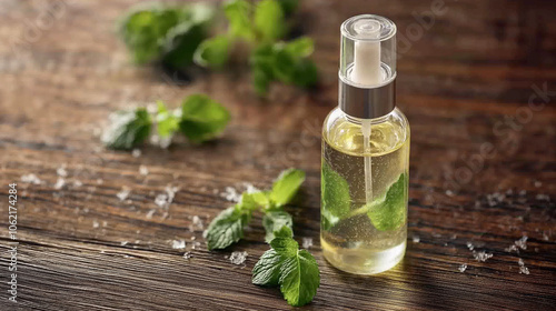 Fresh mint spray bottle with herbs on rustic wood