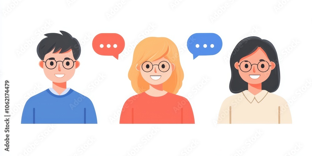 Group of three friends chatting with speech bubbles, white isolate background. Group of three friends chatting with speech bubbles, white isolate background.