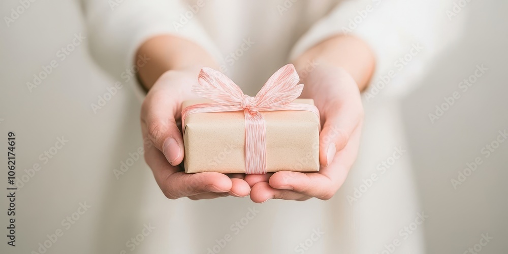 Hands holding a beautifully wrapped gift with a pink ribbon. Hands holding a beautifully wrapped gift with a pink ribbon.