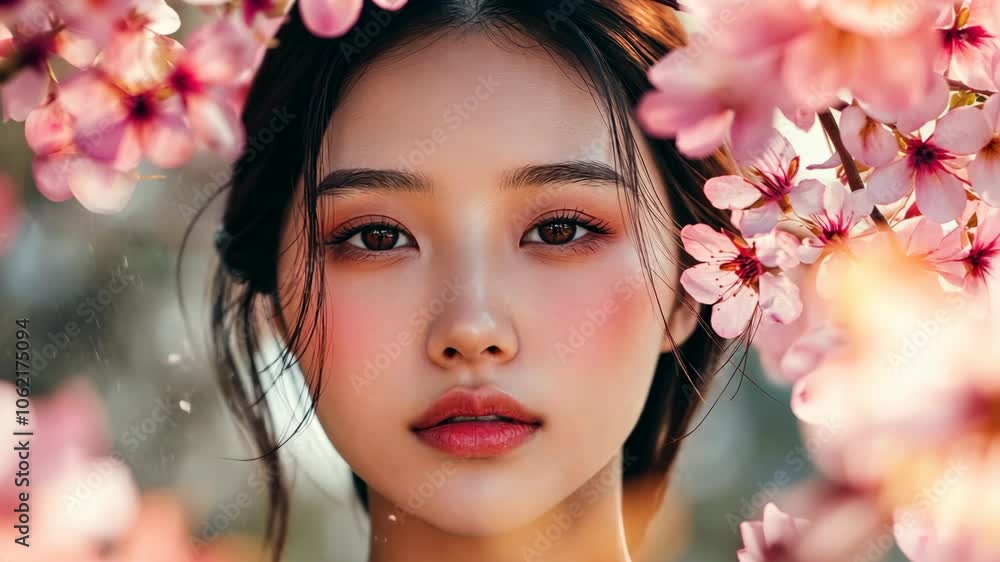 A woman with rosy cheeks poses in front of a blooming cherry blossom tree A woman with rosy cheeks poses in front of a blooming cherry blossom tree