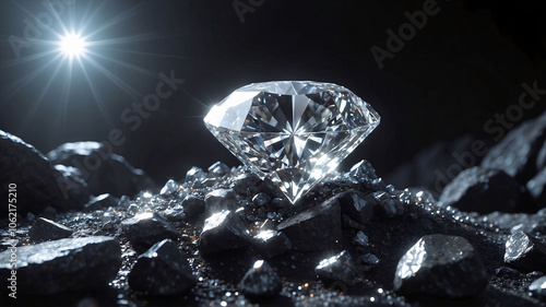 Diamond crystal sparkling on black rocks background of diamond mining site. Precious gemstones, mineralogy and hidden treasure concept