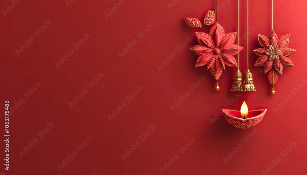 Diwali background with Indian flower ornament hanging and oil lamp on a red color background, 3D illustration,generative ai Diwali background with Indian flower ornament hanging and oil lamp on a red color background, 3D illustration,generative ai