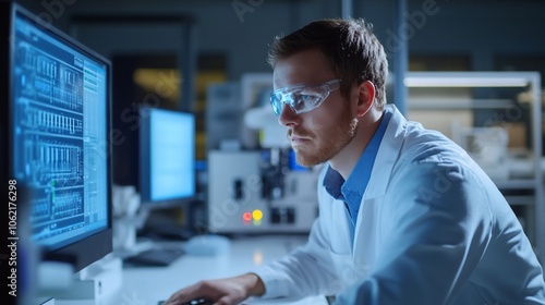 A scientist in a lab coat and safety goggles works on a computer.