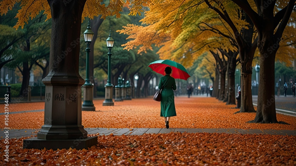 A woman in a green coat strolls through a park covered in orange leaves holding a red umbrella while enjoying the serene autumn atmosphere A woman in a green coat strolls through a park covered in orange leaves holding a red umbrella while enjoying the serene autumn atmosphere