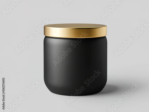 Black matte jar with a gold lid on a light gray background, ideal for packaging designs and branding presentations.